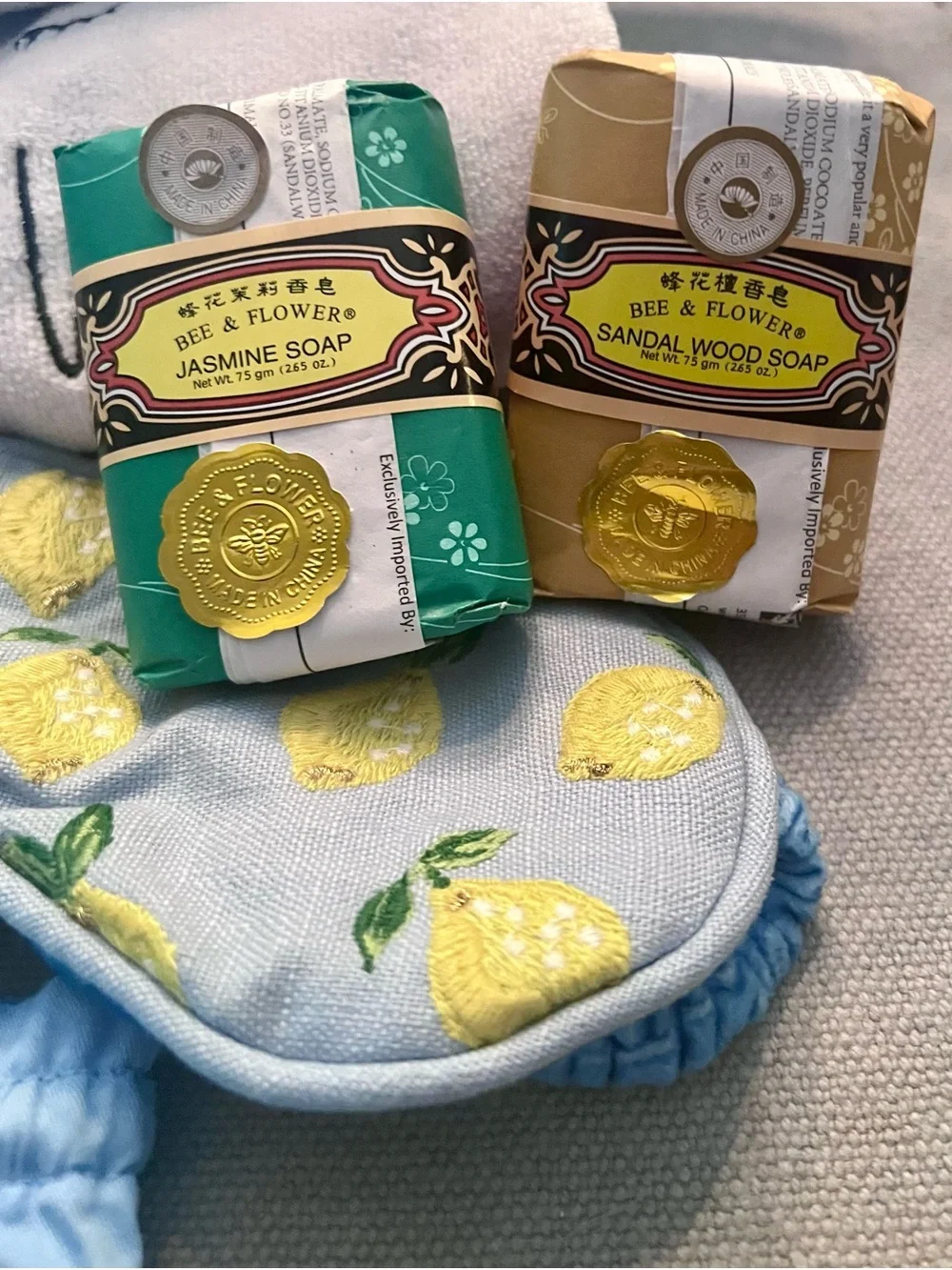 Anthro Lemon Eye Mask, Rae Dunn Towel Set, luxury soaps & set of 3 washcloths